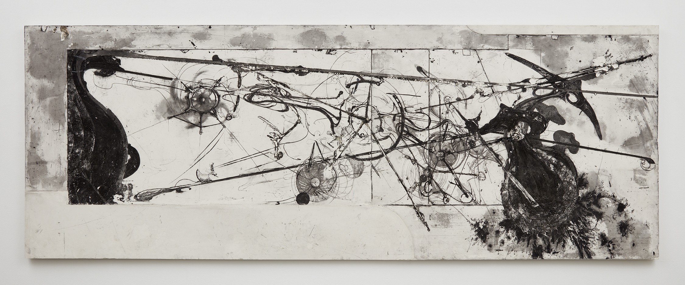 <i>Untitled</i>, 2022. Intaglio and wax on polymer plaster composite, 37 x 103 1/2 in (94 x 263 cm)